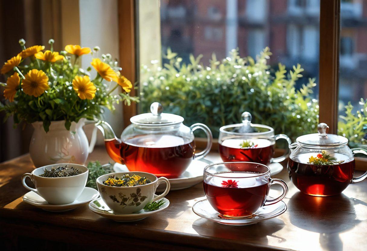 A serene tea scene featuring a stylish teapot and teacups filled with herbal infusions, surrounded by vibrant herbs like chamomile, mint, and hibiscus. Soft sunlight streaming through a window casts gentle shadows, enhancing the warm, inviting atmosphere. Include artistic steam rising from the cups, with infusion bags elegantly displayed nearby. soft focus. vibrant colors. natural lighting.
