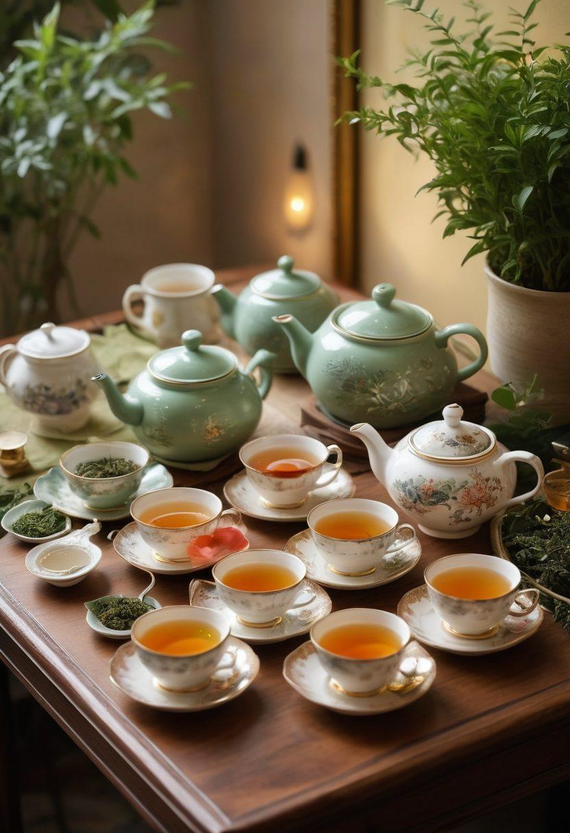 A serene tea setup featuring beautifully arranged gourmet tea blends in elegant pouches, a delicate porcelain teapot, and intricate teacups. Incorporate lush greenery and soft lighting to enhance a tranquil atmosphere, showcasing various tea leaves and herbs artistically displayed. The scene should evoke a sense of transformation and relaxation, inviting tea enthusiasts to elevate their rituals. super-realistic. vibrant colors. soft lighting.