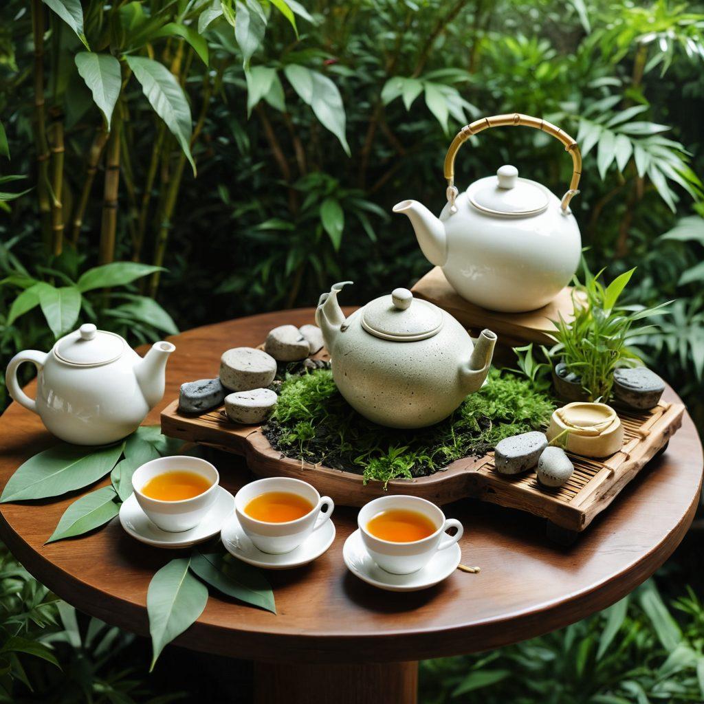 An elegantly styled tea setup featuring a variety of eco-friendly teas, surrounded by lush greenery and natural elements like bamboo and stones. Include a teapot made from recycled materials and biodegradable tea bags, with soft sunlight filtering through leaves, creating a serene and inviting atmosphere. Emphasize a harmonious connection between wellness and nature. vibrant colors. super-realistic.